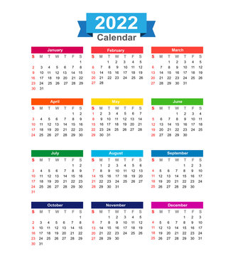 2022 Year calendar isolated on white background vector illustrat