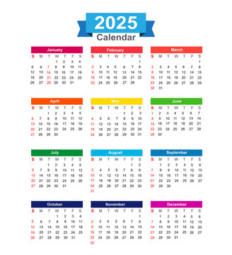 2025 Year calendar isolated on white background vector illustrat