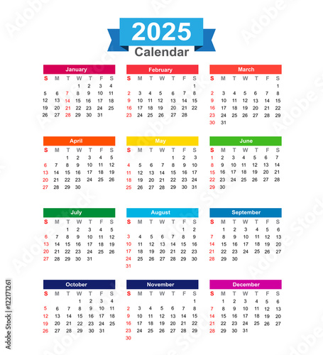 2025 Year Calendar Isolated On White Background Vector Illustrat