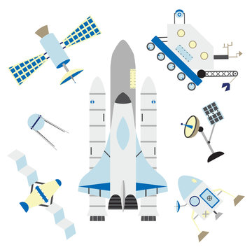 Space elements in flat style - shuttle, satellites in flat style.