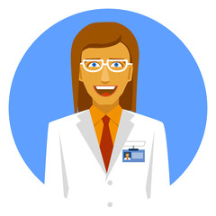 Smiling female biochemist on a blue round emblem.