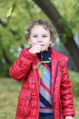 little curly cheerful boy walking in the woods among the trees and fallen yellow leaves in autumn