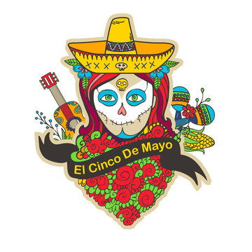 Cinco De Mayo poster with skull girl in sombrero, maracas and guitar