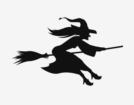 Witch on a broomstick. Black silhouette. Halloween vector symbol