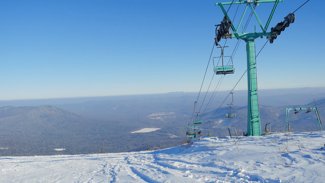 Ski lifts on the bright winter day