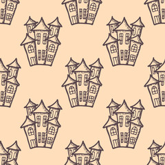 Illustration of hand drawn houses, seamless pattern
