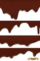 Set of melted chocolate dripping on white background