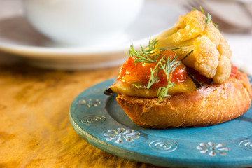 Fresh and tasty crostini. Cauliflower and eggplant crostini.