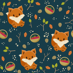 Seamless wallpaper. Baby fox with a basket of raspberry in a for