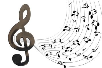 Treble clef, stainless steel and sheet music isolated on a white background.