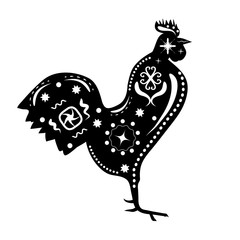 Black-and-white silhouette of a rooster with traditional pattern