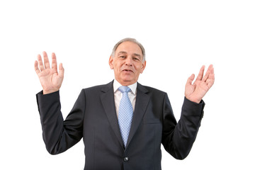 Mann als Beamter, Vertreter oder Verk&auml;ufer mit erhobenen H&auml;nden
