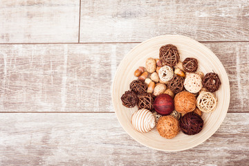 Autumn decoration in Scandinavian style on wooden background. Copy space at left. 