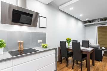 Kitchen open to a dining area