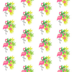 Pink flamingo and tropical plants