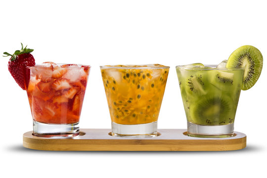 Three drinks made with passion fruit, strawberry and kiwi Caipir Stock  Photo | Adobe Stock