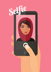 Arab woman taking selfie. Hand holding smartphone vector illustration. Muslim lady wearing hijab.