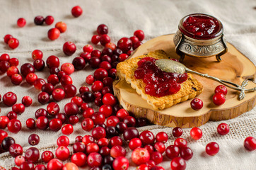 Breakfast with cranberries, jam and biscuits.