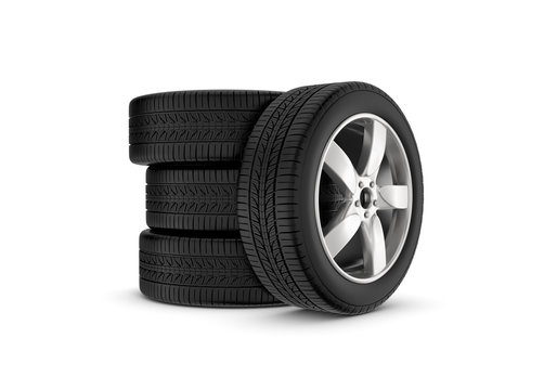 Rendering black wheels with one in profile isolated on white background.