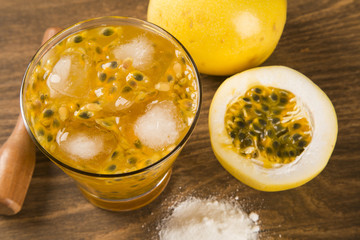 Passion Fruit Caipirinha of Brazil on wooden background