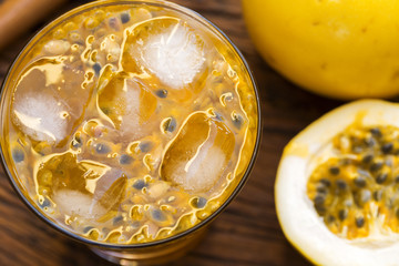 Passion Fruit Caipirinha of Brazil on wooden background