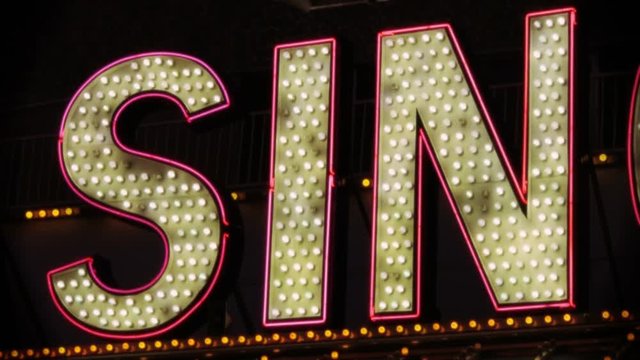 A close up of a sign spelling SIN in neon and lights.