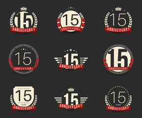 Fifteen years anniversary celebration logotype. 15th anniversary logo set.