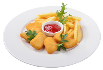 Serve french fries with the nuggets, the concept of fast food, u