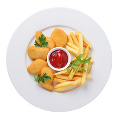 Serve french fries with the nuggets, the concept of fast food, u