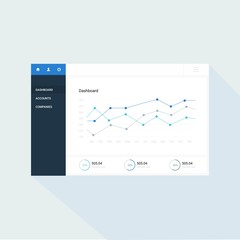Infographic dashboard template with flat design graphs and charts. Processing analysis of data