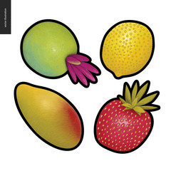 Fruit vector stickers. A set of four cartoon hand drawn fruits, mango, lemon, strawberry and a fantasy fruit.