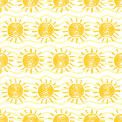 Seamless pattern with sun hand drawn by marker. Sunshine repeating texture in yellow colors. Original background for prints, textile, wallpapers and wrapping design. Vector eps10 illustration.