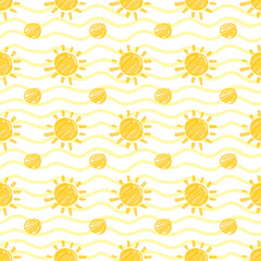 Seamless pattern with sun and dots hand drawn by marker. Sunshine repeating texture in yellow colors. Original background for print, textile, wallpapers and wrapping design. Vector eps10 illustration.