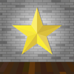 Yellow star on gray brick wall background.  Vector illustration.