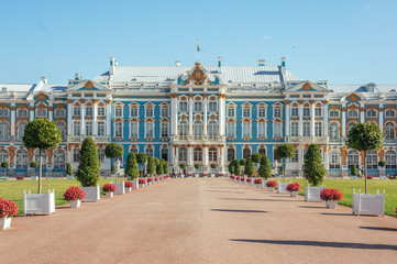 Gorgeous ancient Catherine Palace in Tsarskoe Selo park in Pushkin town near Saint-Petersburg,...