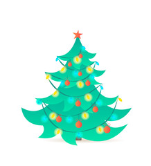 Christmas tree isolated on white background. Vector illustration. Cartoon style