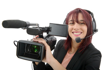 young woman with a professional video camera