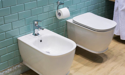 Modern ceramic bidet and lavatory - interior of the restroom, bathroom, toilet - obrazy, fototapety, plakaty