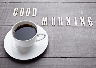 Coffee cup espresso  hot white on wooden board