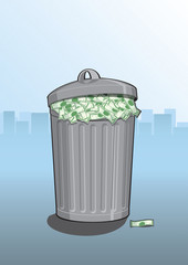 A vector illustration of a dustbin full of money