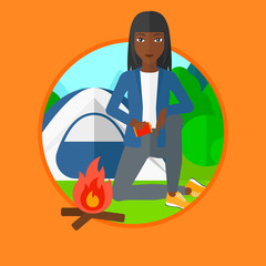 Woman kindling campfire vector illustration.