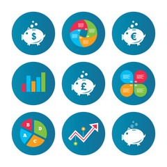 Piggy bank icons. Dollar, Euro, Pound moneybox.