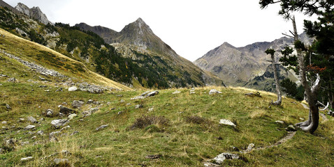 Trekking in Benasque. Estos valley. Landscape of the Aragonese Pyrenees in Spain.