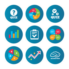Quiz icons. Checklist and human brain symbols.
