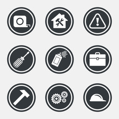 Repair, construction icons. Helmet, screwdriver.