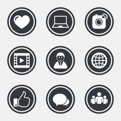 Social media icons. Video, share and chat signs.