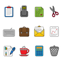 Vector business icons set. Color outlined icon collection. Tablet, case, cup, graphics, pen, telephone, portfolio, keyboard, message, calculator, trashcan, scissors, paper, envelope.