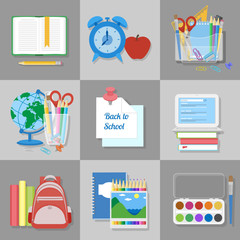 School supplies and items set. Back to school. Education and learning. Flat Vector illustration.