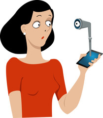 An eye looking at a woman through a periscope coming out of her smart-phone, EPS 8 vector illustration