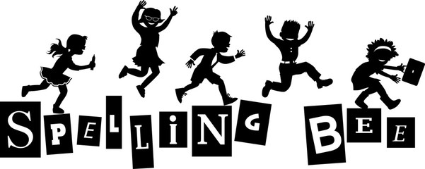 Spelling bee title design with schoolchildren jumping on letters, EPS 8 vector silhouettte, no white objects
